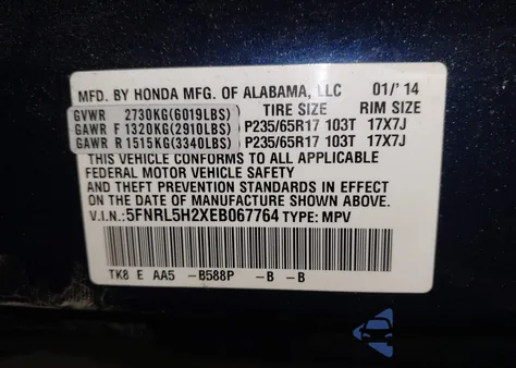 2014 Honda Odyssey Lx z USA, uszkodzony, nr VIN 5FNRL5H2XEB067764